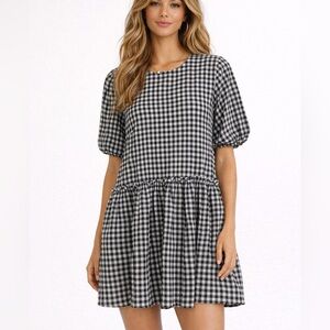 Zara Black White Check‎ Seersucker Plaid Gingham Drop Waist Puff Sleeve Dress
